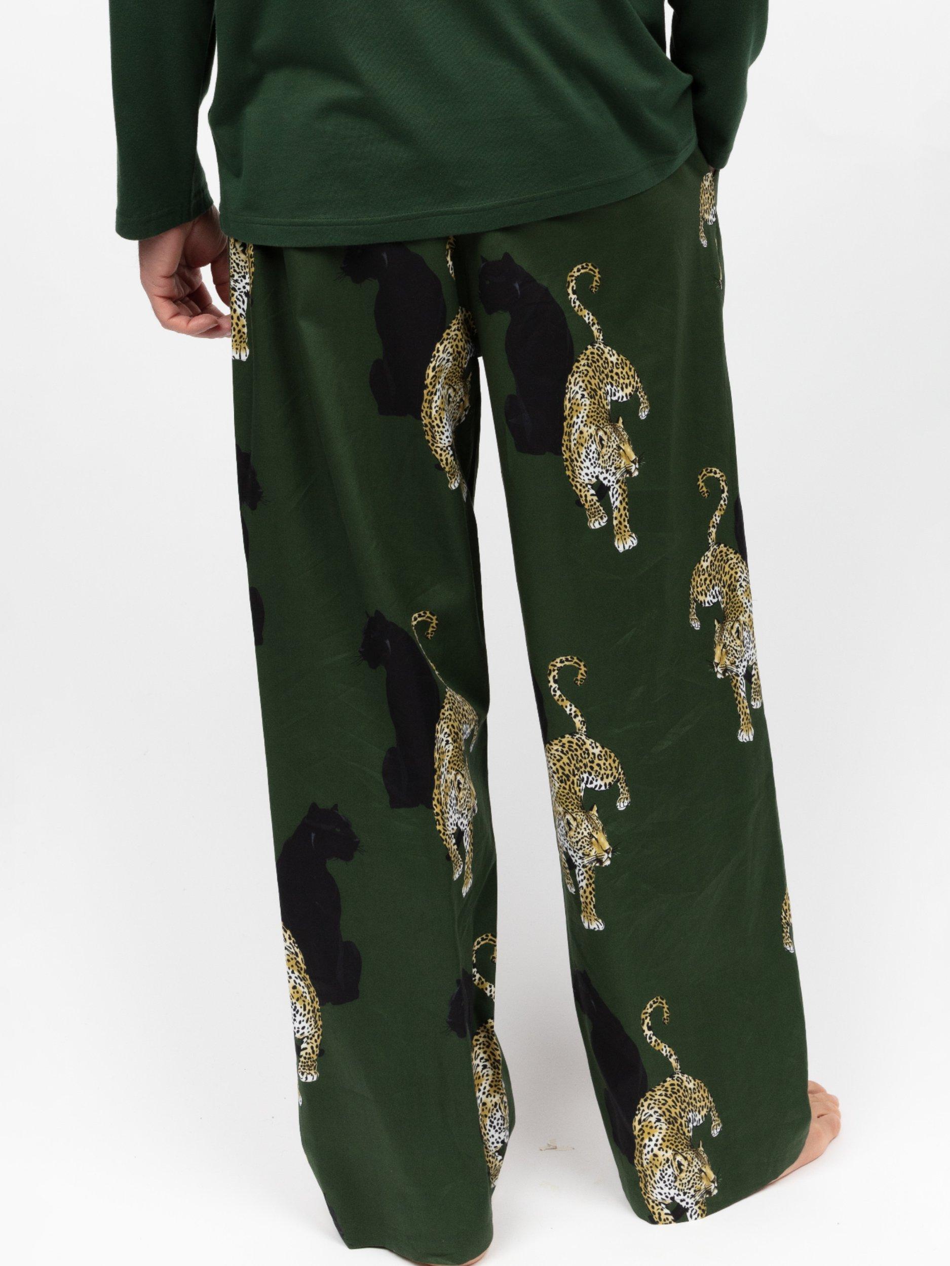 Product image 2 of 4, which shows Cyberjammies Cotton Modal Blend Leopard Print Pyjama Bottoms, Olive Green, S