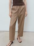Mango Linen Drawstring Trousers, Medium Brown