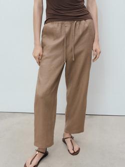 Mango Linen Drawstring Trousers, Medium Brown, Medium Brown