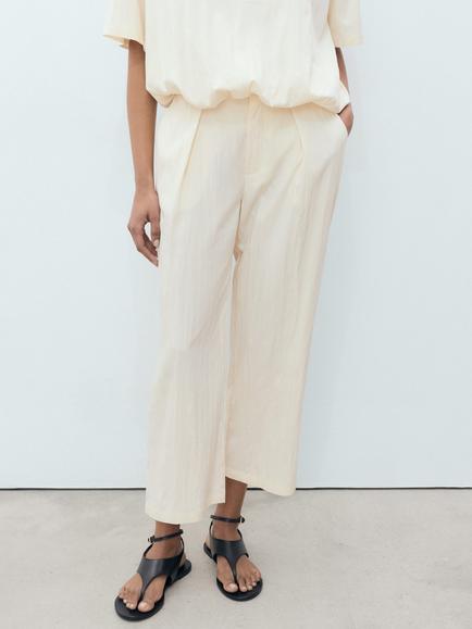 Mango Paper-H Cropped Trousers, Light Yellow