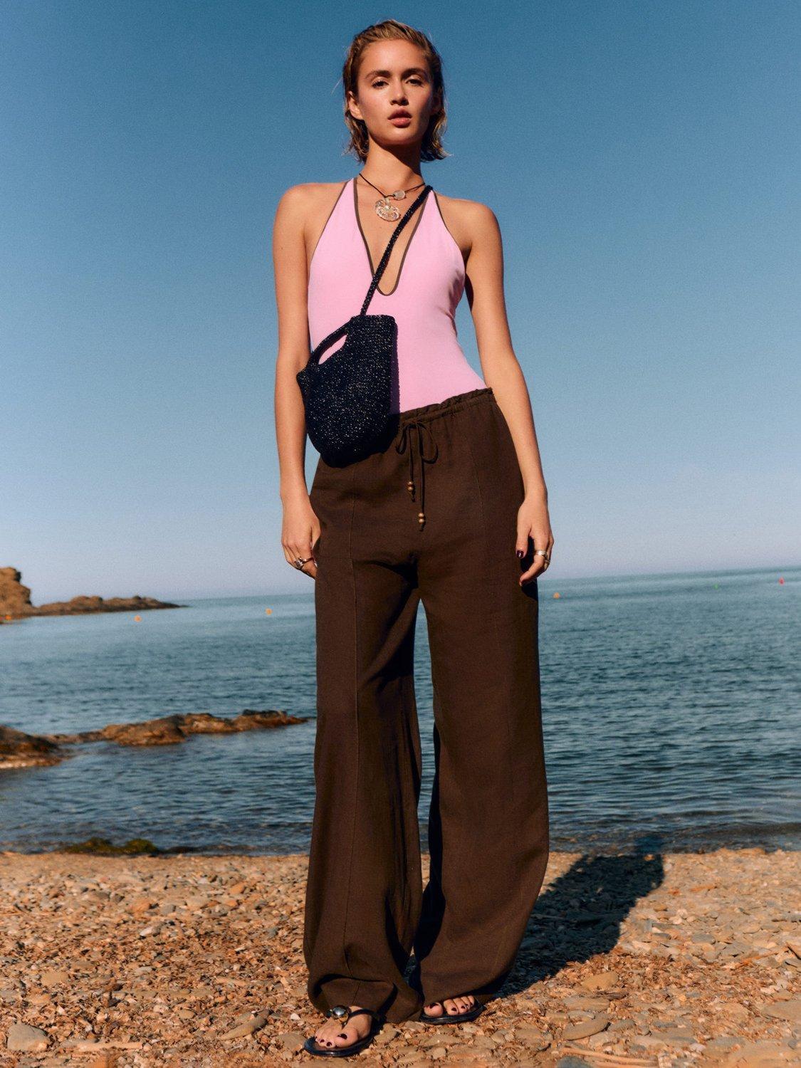 Product image 1 of 8, which shows Mango Scott Linen Rich Trousers, Medium Brown, XXS