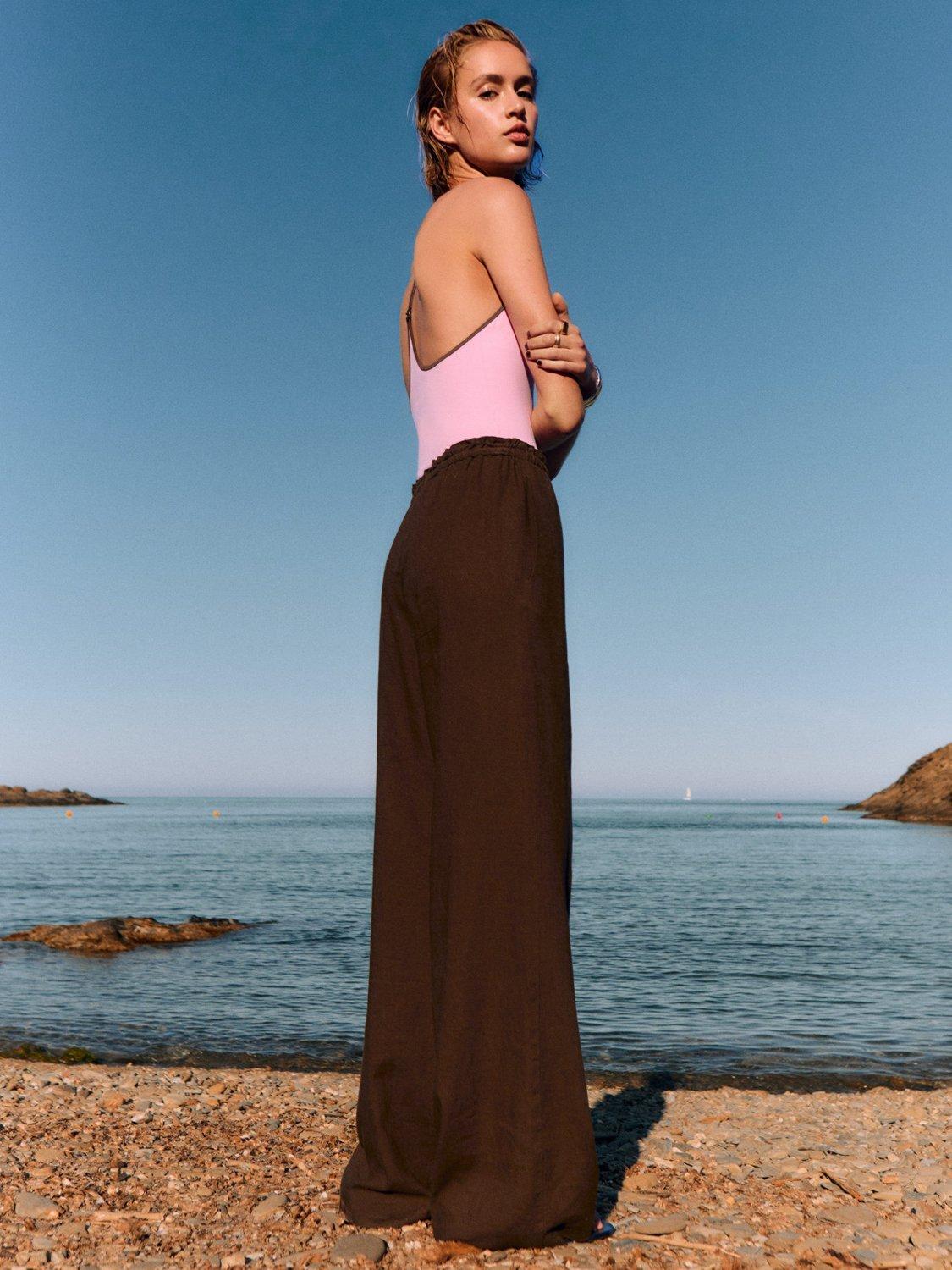 Product image 6 of 8, which shows Mango Scott Linen Rich Trousers, Medium Brown, XXS