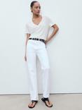 Mango Linito V-Neck Pure Linen T-Shirt, Natural White