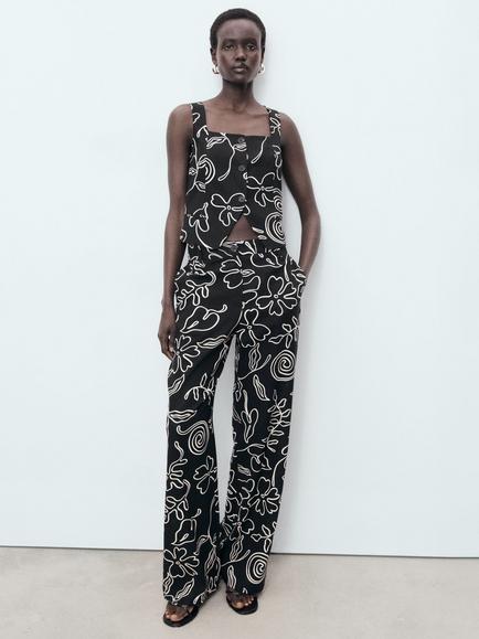 Mango Liza Linen Blend Floral Print Suit Waistcoat, Black - view 2, Black