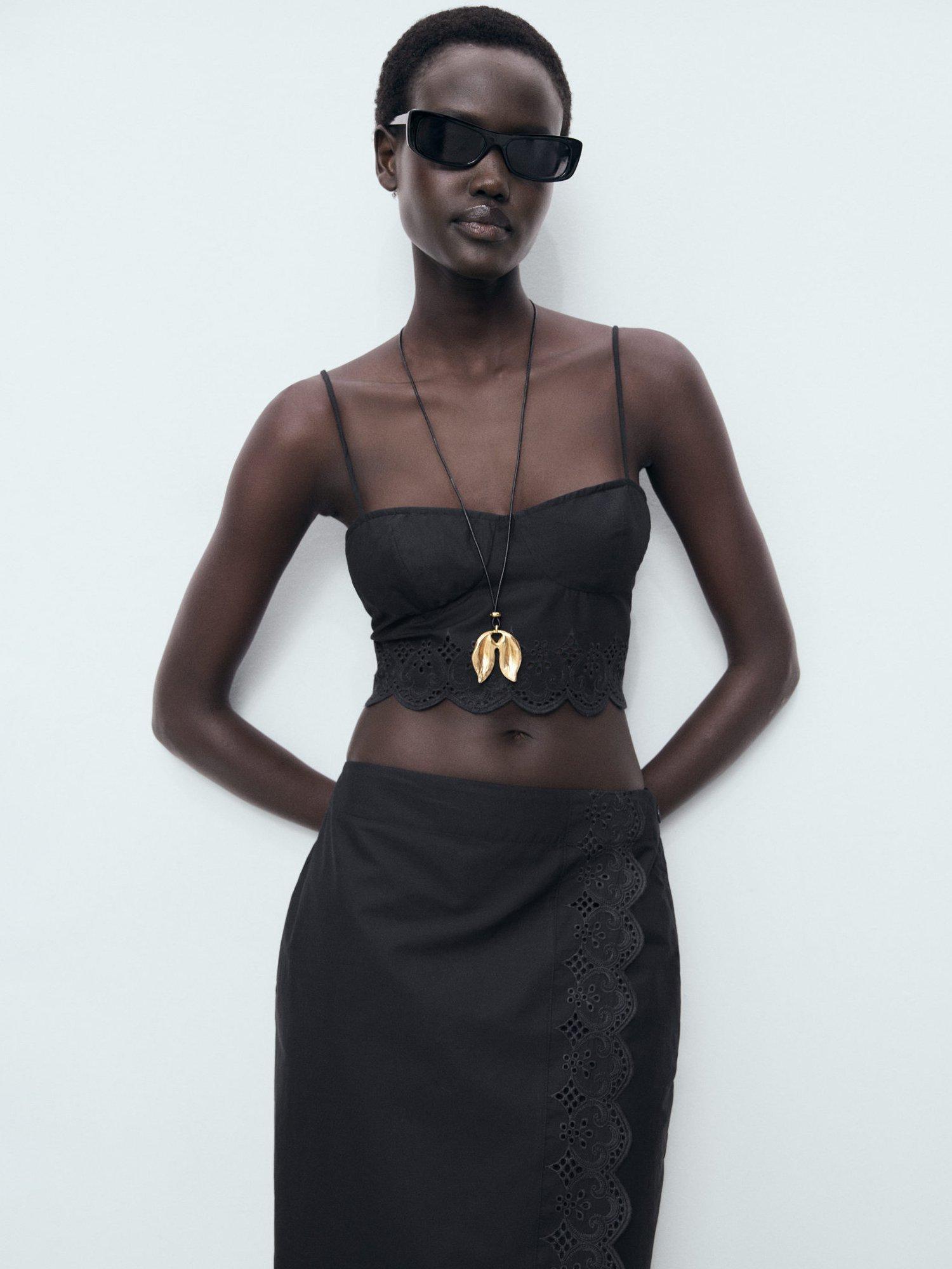 Product image 1 of 8, which shows Mango Luisa Cotton Embroidered Crop Top, Black, XS