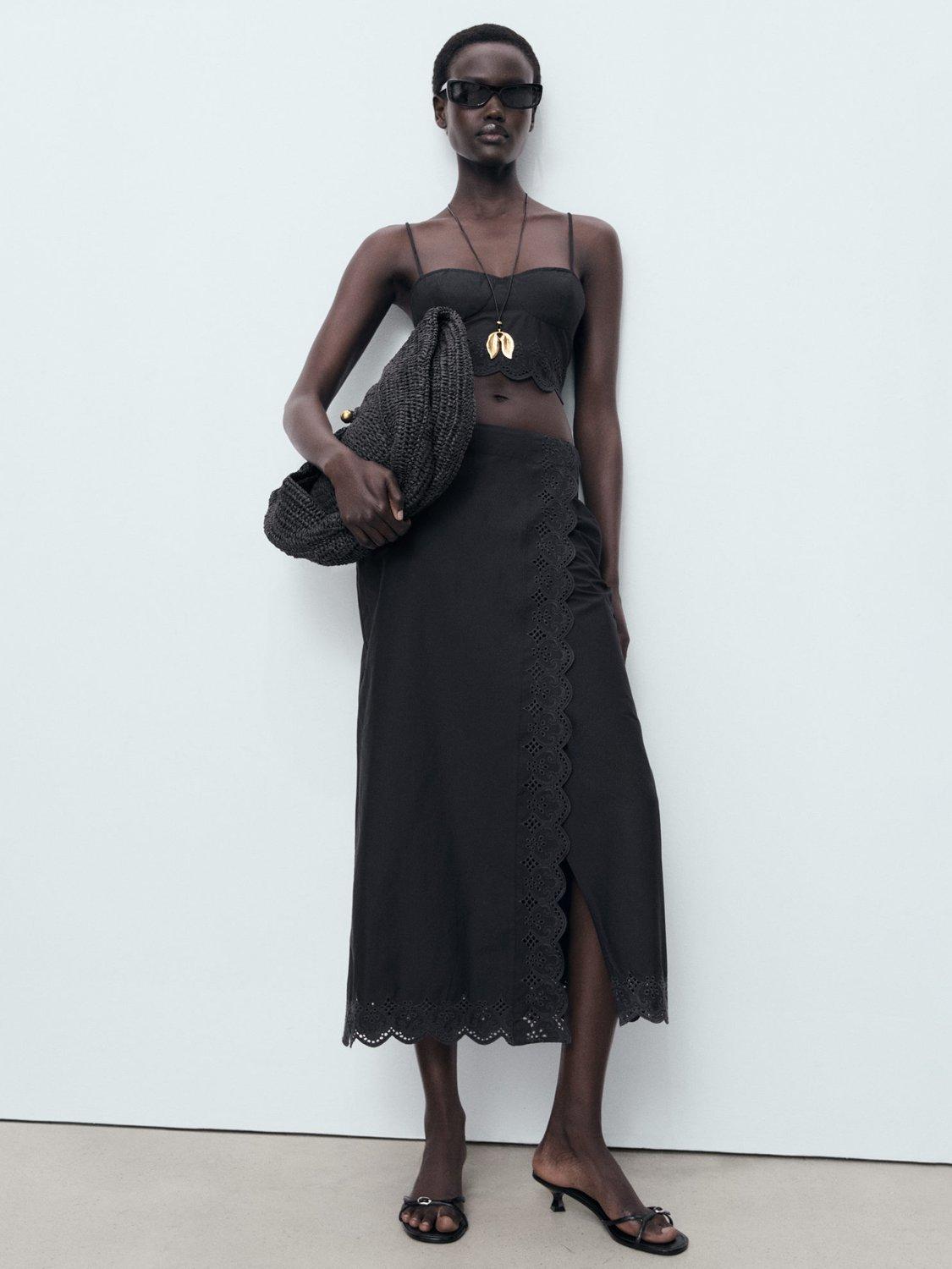 Product image 2 of 8, which shows Mango Luisa Cotton Embroidered Crop Top, Black, XS