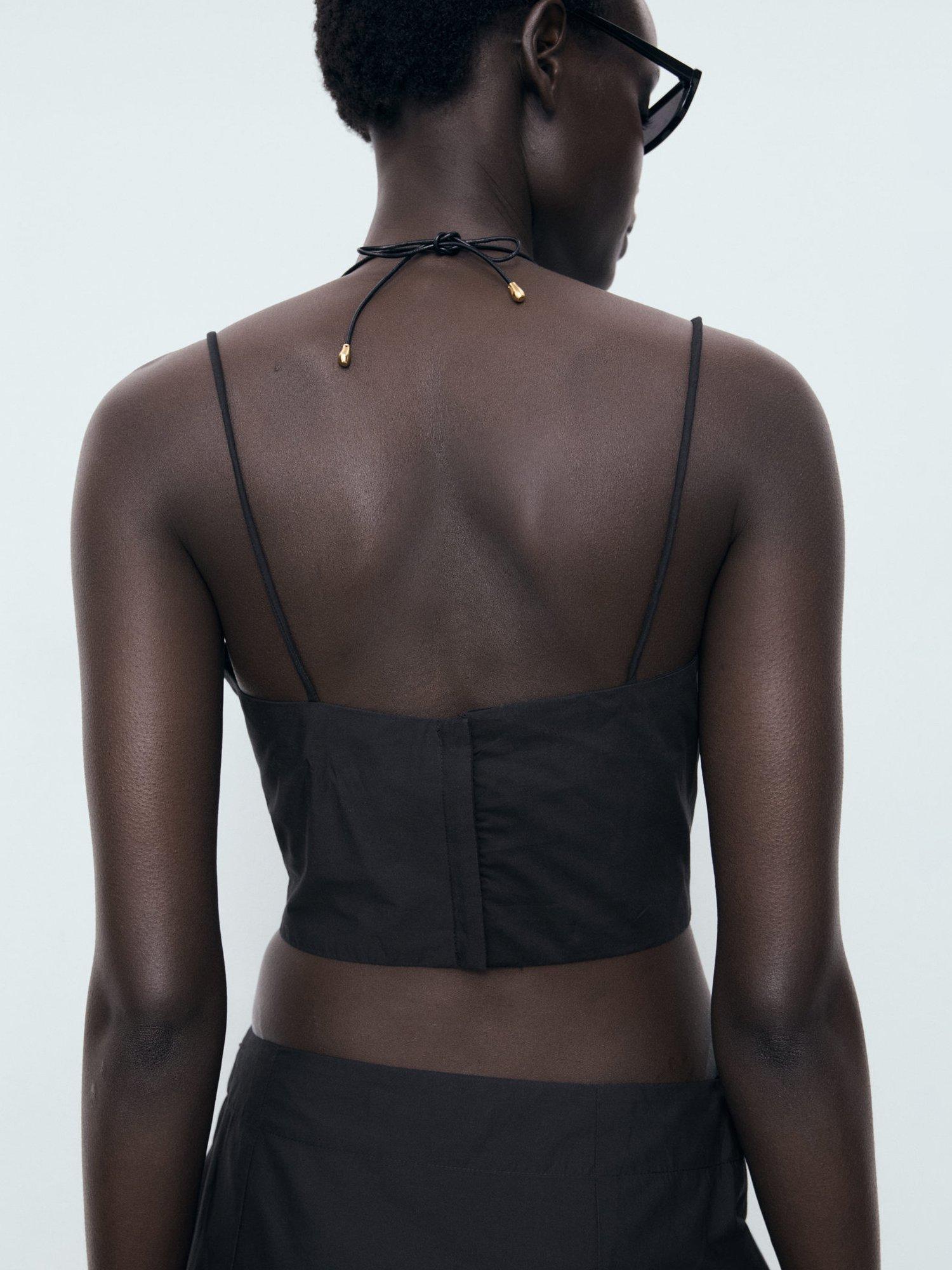 Product image 4 of 8, which shows Mango Luisa Cotton Embroidered Crop Top, Black, XS
