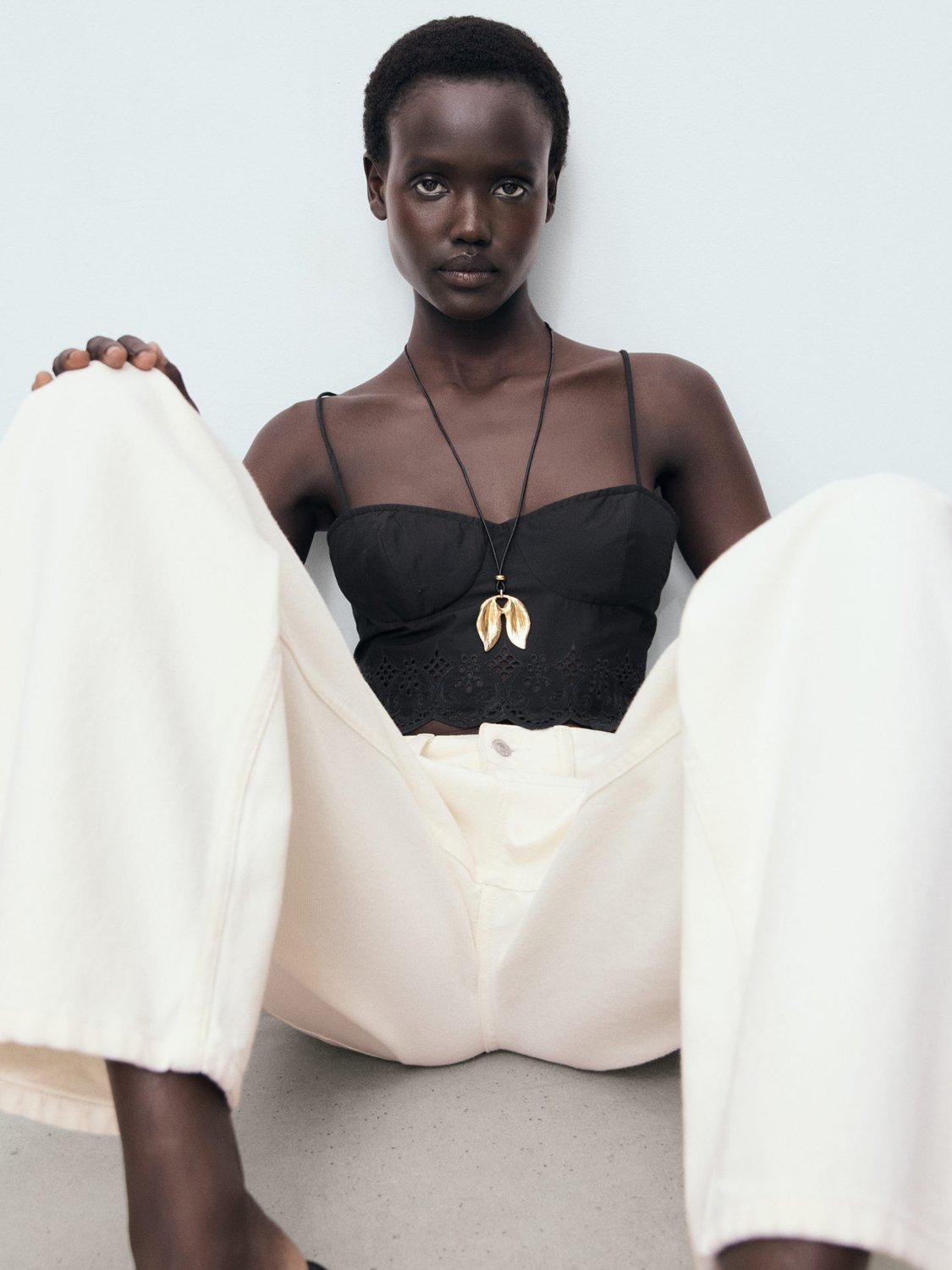 Product image 7 of 8, which shows Mango Luisa Cotton Embroidered Crop Top, Black, XS