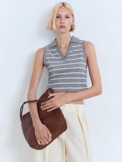 Mango Pola-H Striped Sleeveless Cotton Cropped Polo Shirt, Medium Blue