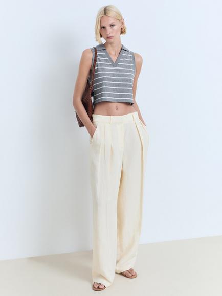 Mango Pola-H Striped Sleeveless Cotton Cropped Polo Shirt - view 2, Medium Blue