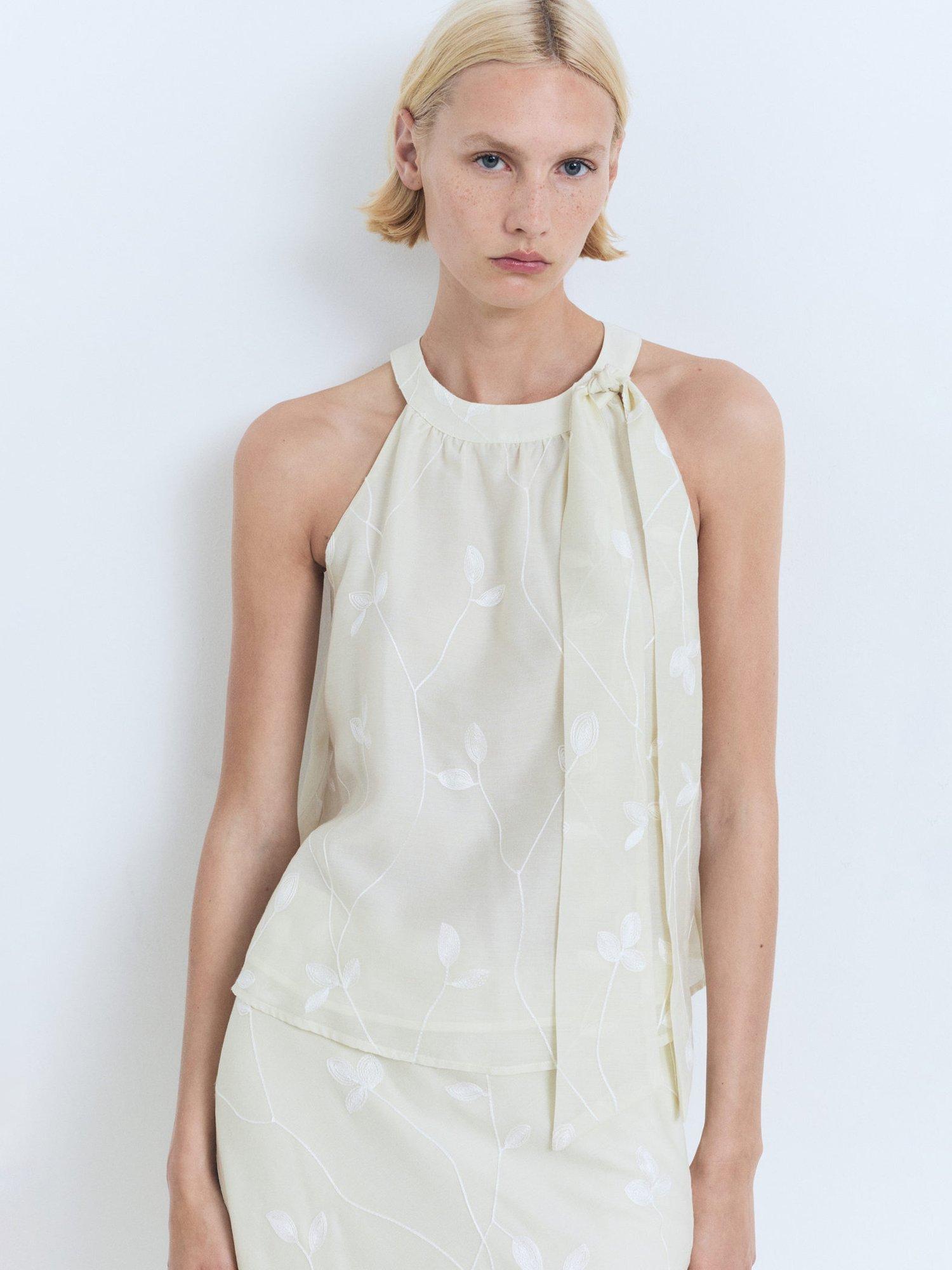 Product image 1 of 8, which shows Mango Tania-H Embroidered Sleeveless Top, Natural White, S
