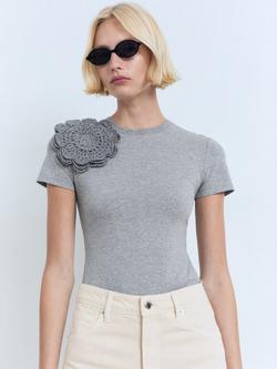 Mango Vigo-H Crochet Detail Cotton Blend T-Shirt, Medium Grey