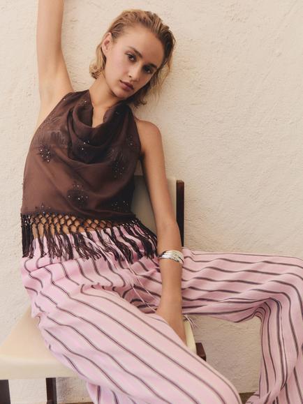 Mango Comba Striped Ramie Trousers, Pastel Pink, Pastel Pink