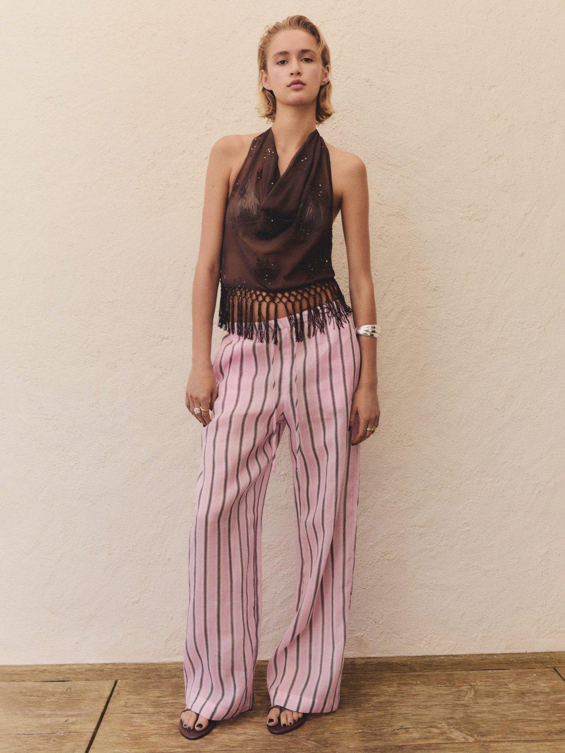 Product image 2 of 6, which shows Mango Comba Striped Ramie Trousers, Pastel Pink, L