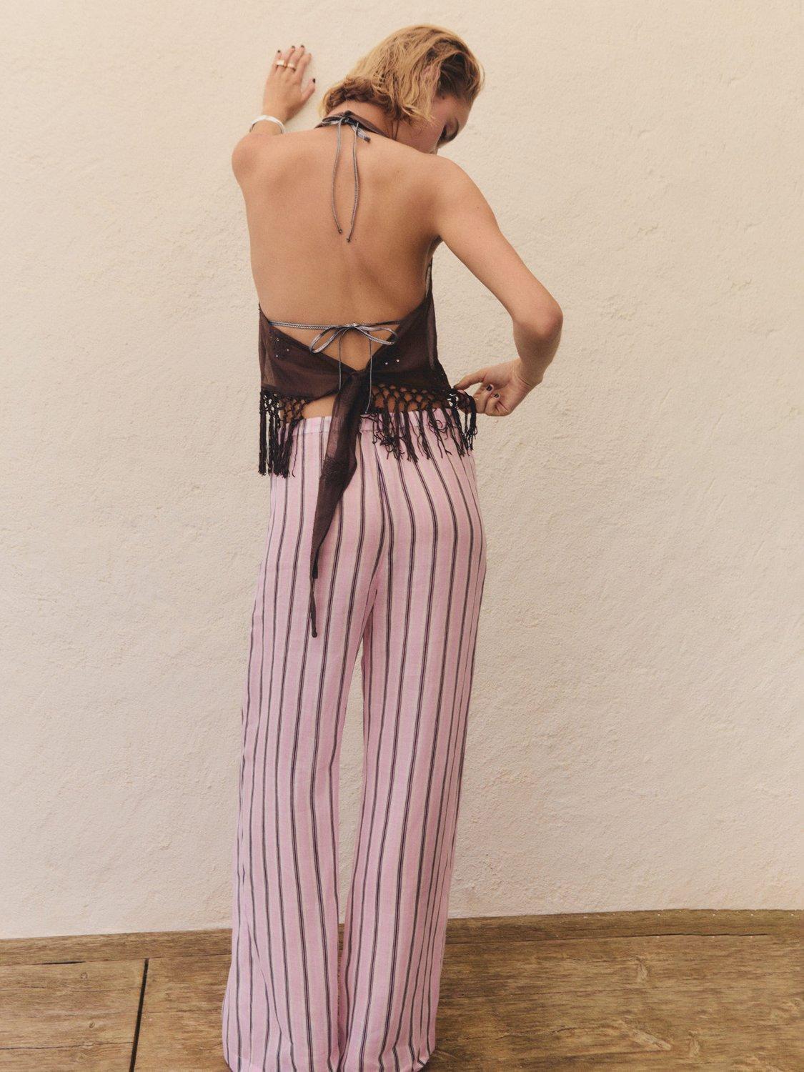 Product image 4 of 6, which shows Mango Comba Striped Ramie Trousers, Pastel Pink, L