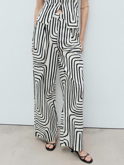 Mango Doty Cotton Linen Blend Geometric Print Trousers, Natural White, Natural White