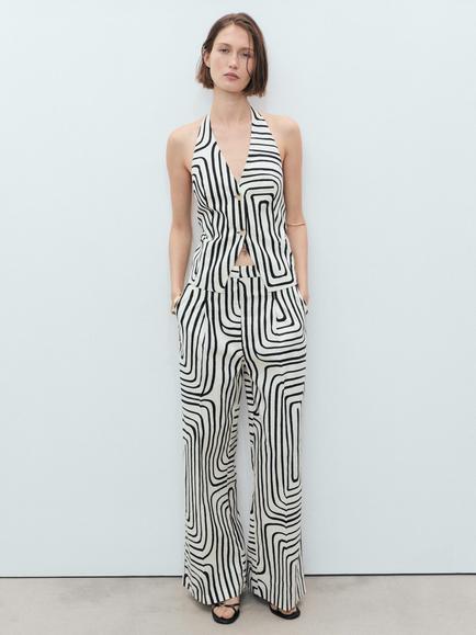 Mango Doty Cotton Linen Blend Geometric Print Trousers, Natural White - view 2, Natural White