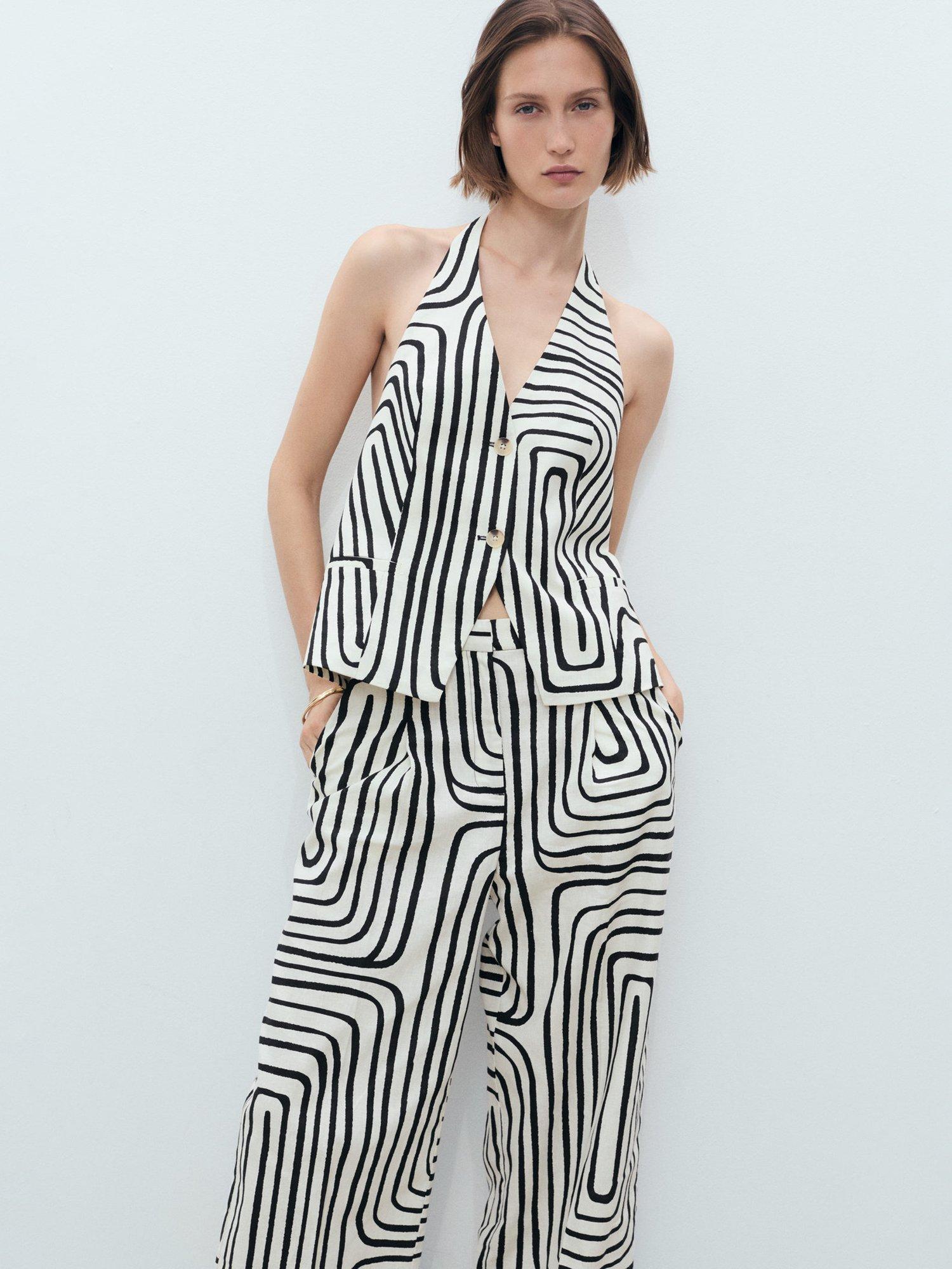 Product image 6 of 8, which shows Mango Doty Cotton Linen Blend Geometric Print Trousers, Natural White, 10