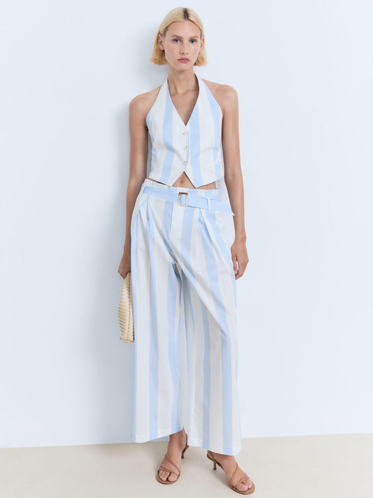 Product image 2 of 8, which shows Mango Dulce Stripe Wide Leg Culottes, Pastel Blue/Multi, 10