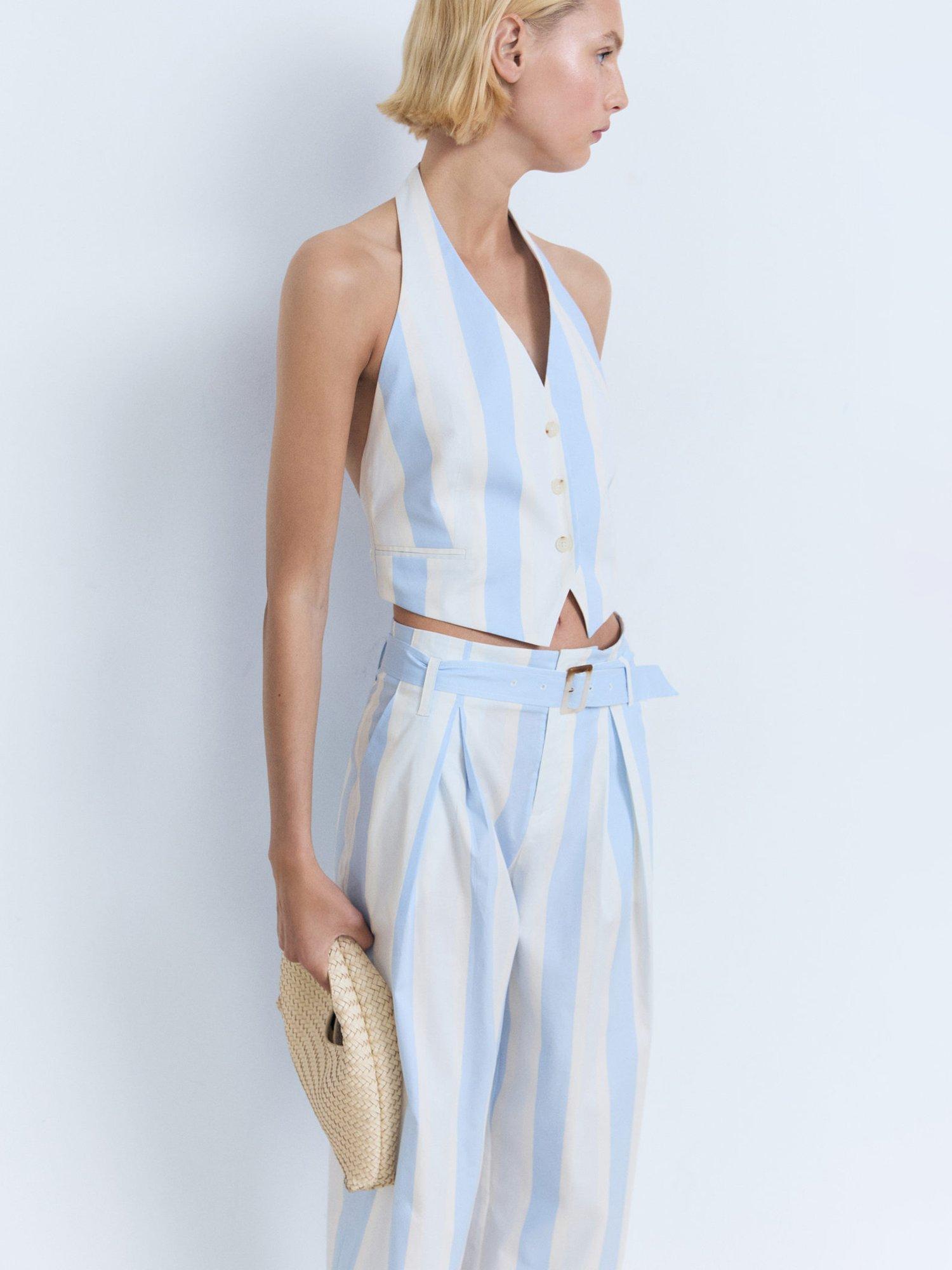 Product image 6 of 8, which shows Mango Dulce Stripe Wide Leg Culottes, Pastel Blue/Multi, 10