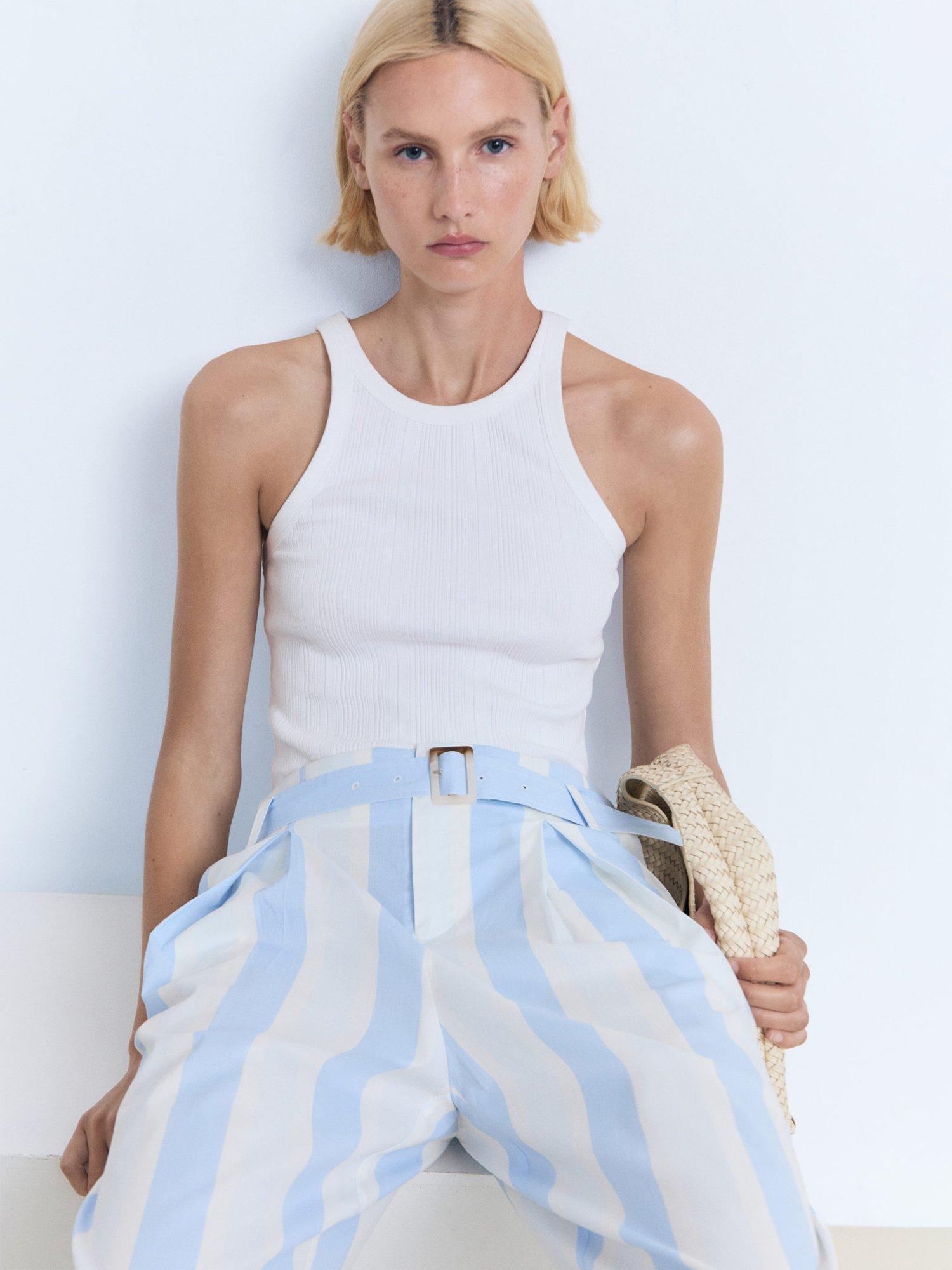 Product image 7 of 8, which shows Mango Dulce Stripe Wide Leg Culottes, Pastel Blue/Multi, 10