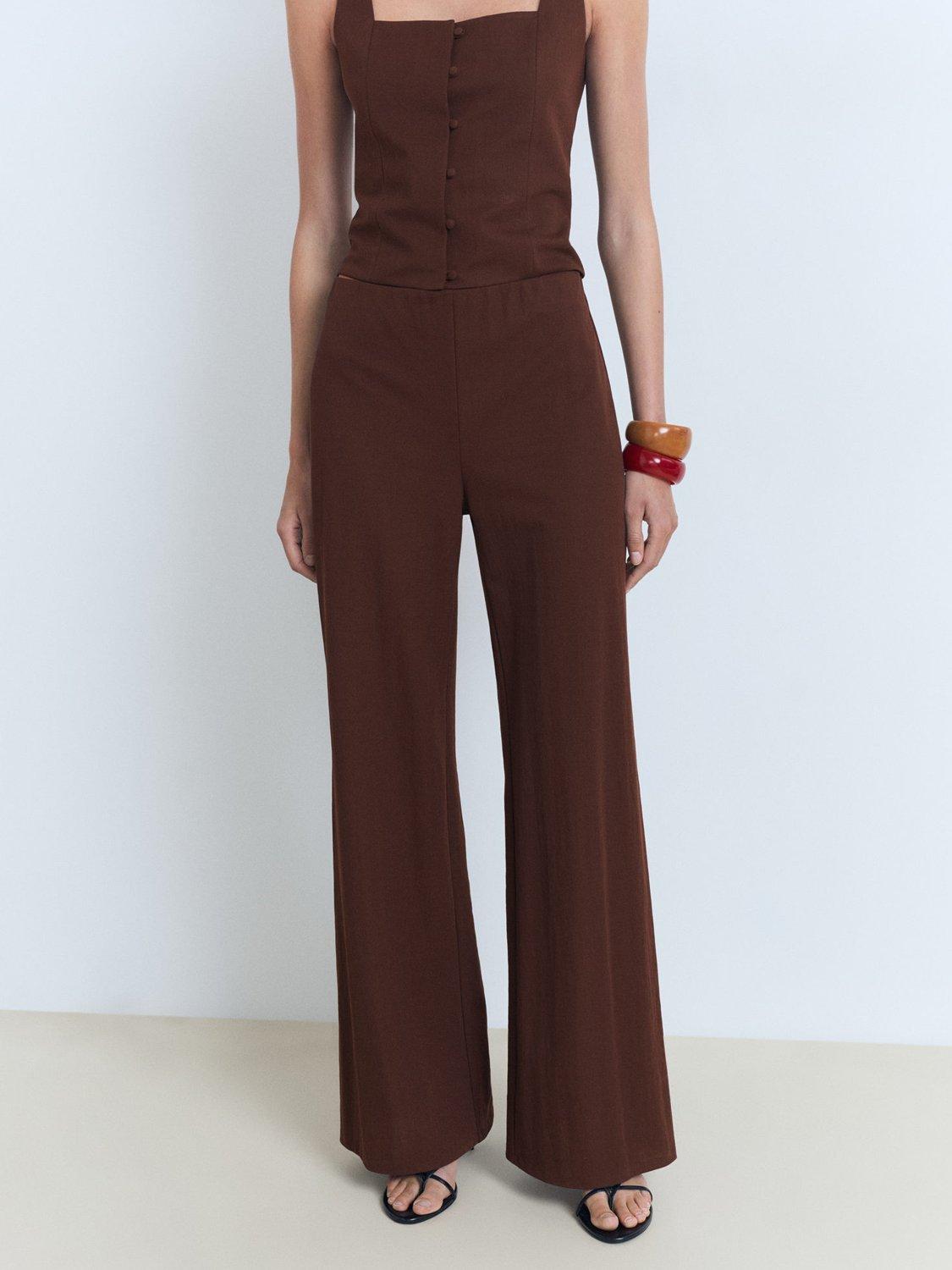 Product image 1 of 8, which shows Mango Evan Flowy Straight Fit Cotton Blend Trousers, Dark Brown, S