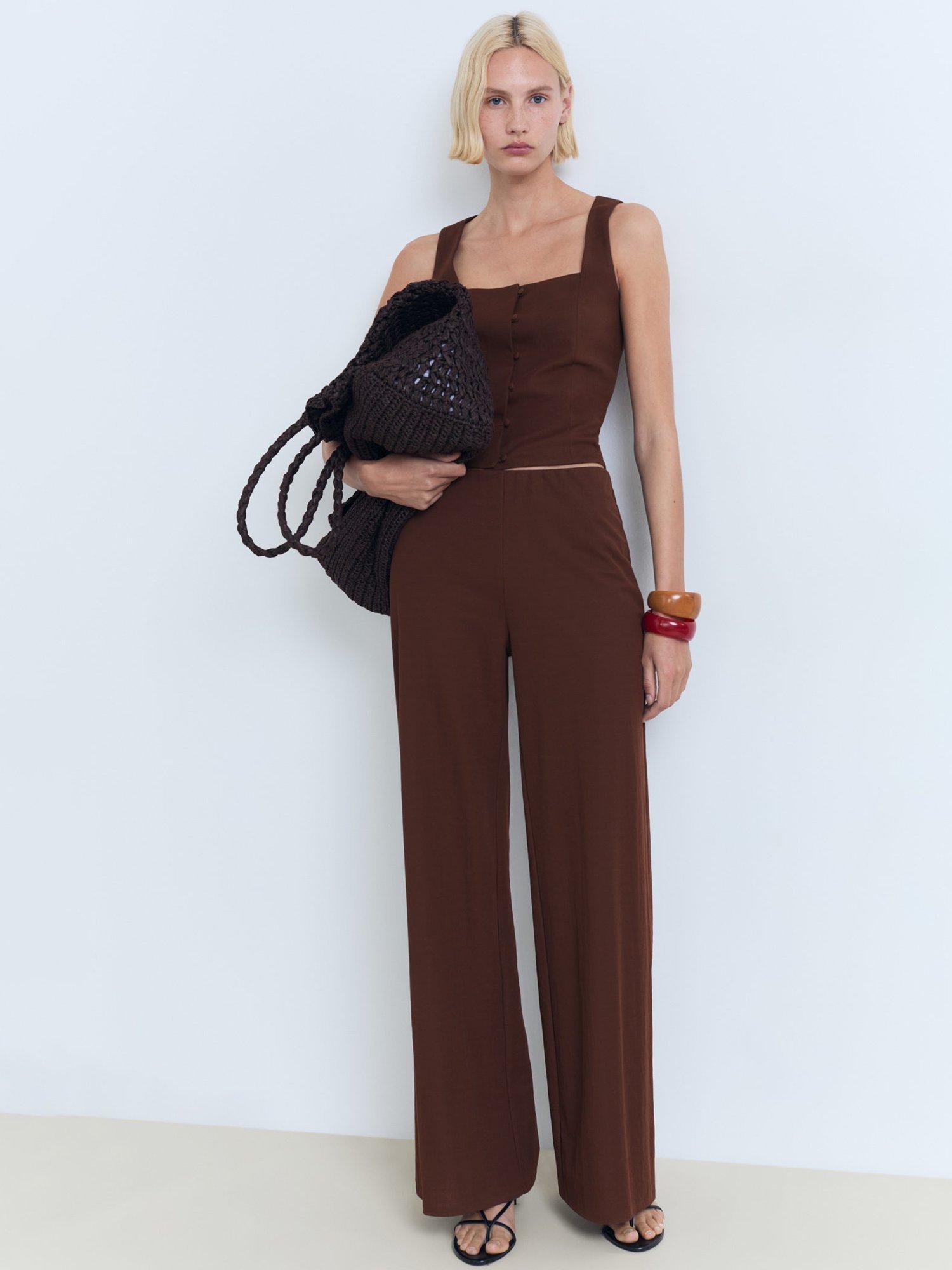 Product image 2 of 8, which shows Mango Evan Flowy Straight Fit Cotton Blend Trousers, Dark Brown, S
