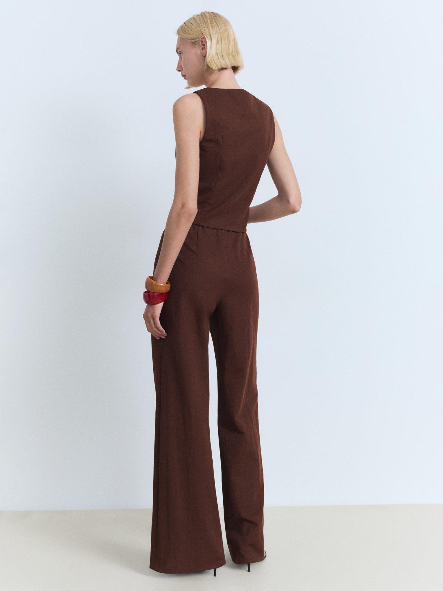 Product image 4 of 8, which shows Mango Evan Flowy Straight Fit Cotton Blend Trousers, Dark Brown, S