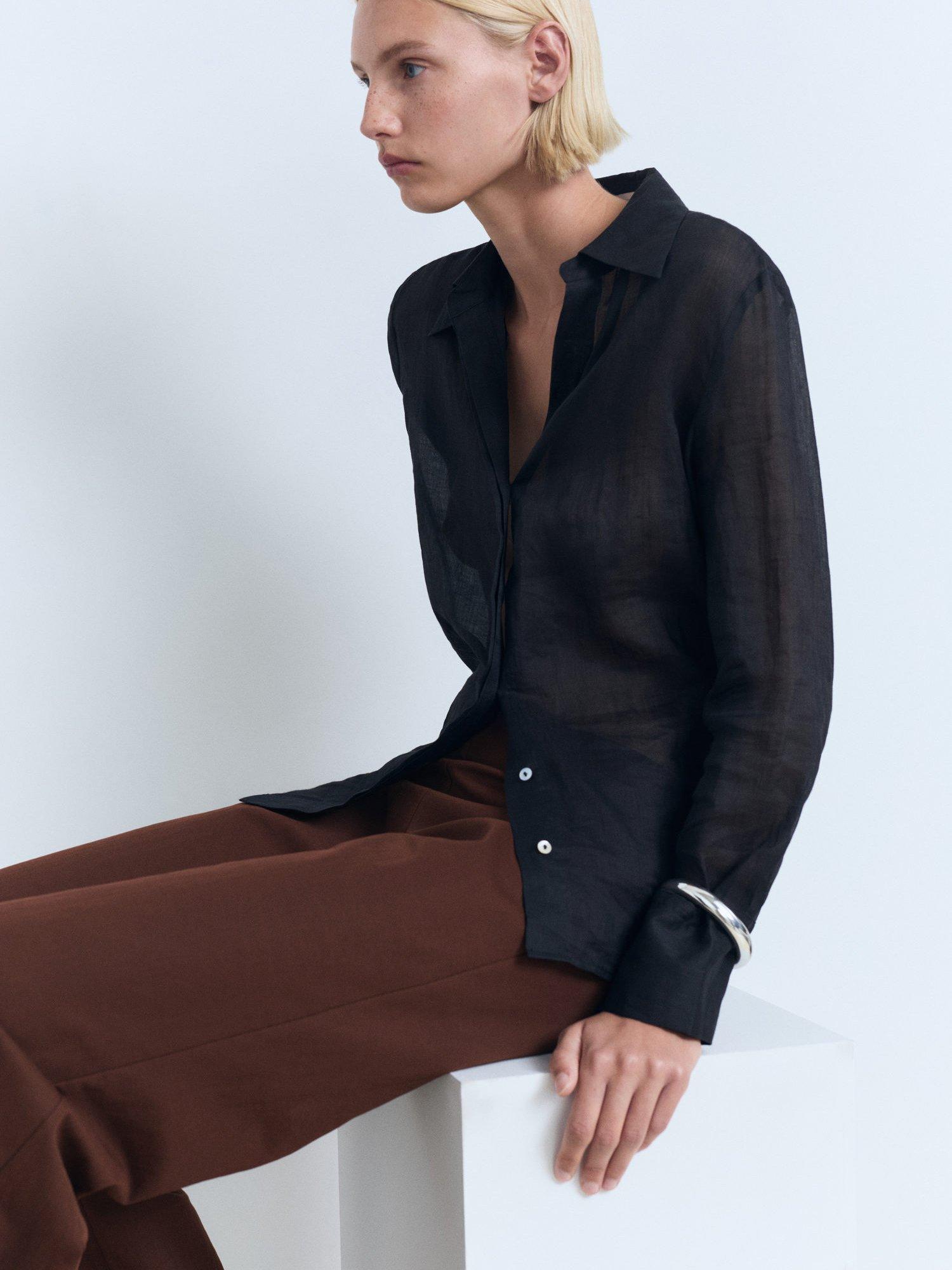 Product image 7 of 8, which shows Mango Evan Flowy Straight Fit Cotton Blend Trousers, Dark Brown, S