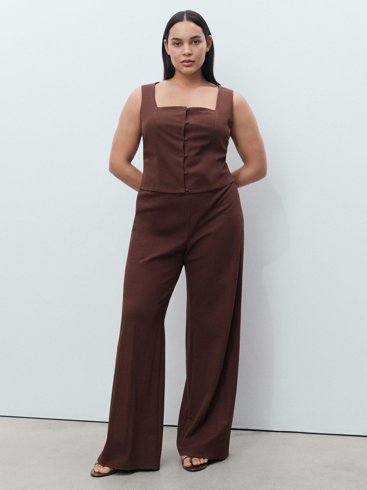 Product image 8 of 8, which shows Mango Evan Flowy Straight Fit Cotton Blend Trousers, Dark Brown, S