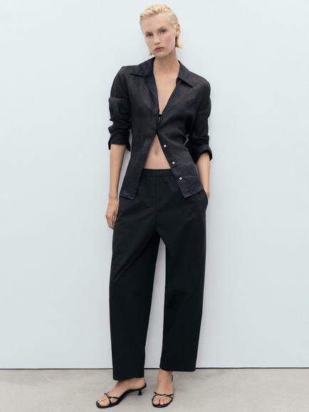 Mango Fog Cotton Blend Paper Bag Trousers, Black - view 2, Black