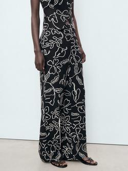 Mango Liza Linen Blend Floral Print Straight Trousers, Black, Black