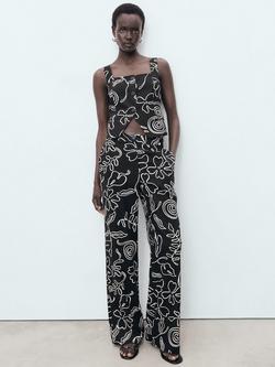 Mango Liza Linen Blend Floral Print Straight Trousers, Black - view 2, Black