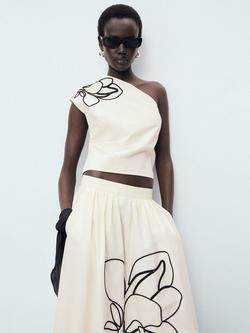 Mango Bari Cotton Asymmetrical Flower Embroidered Top, Natural White, Natural White