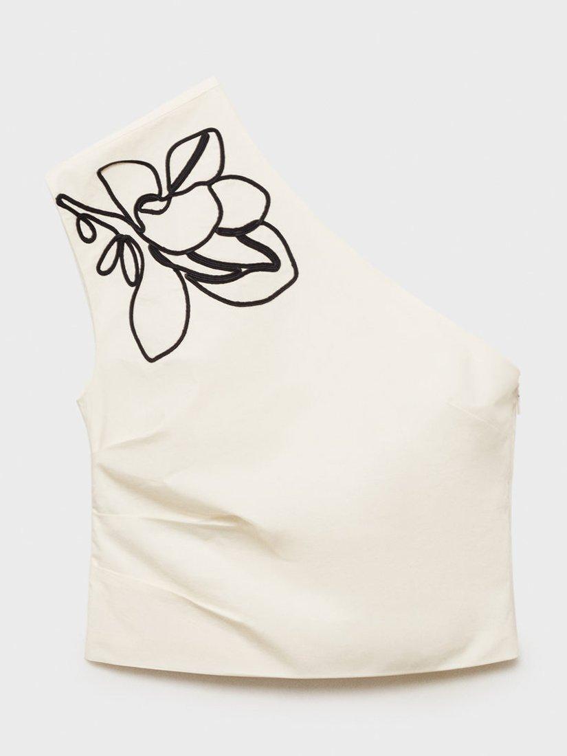 Product image 3 of 8, which shows Mango Bari Cotton Asymmetrical Flower Embroidered Top, Natural White, S