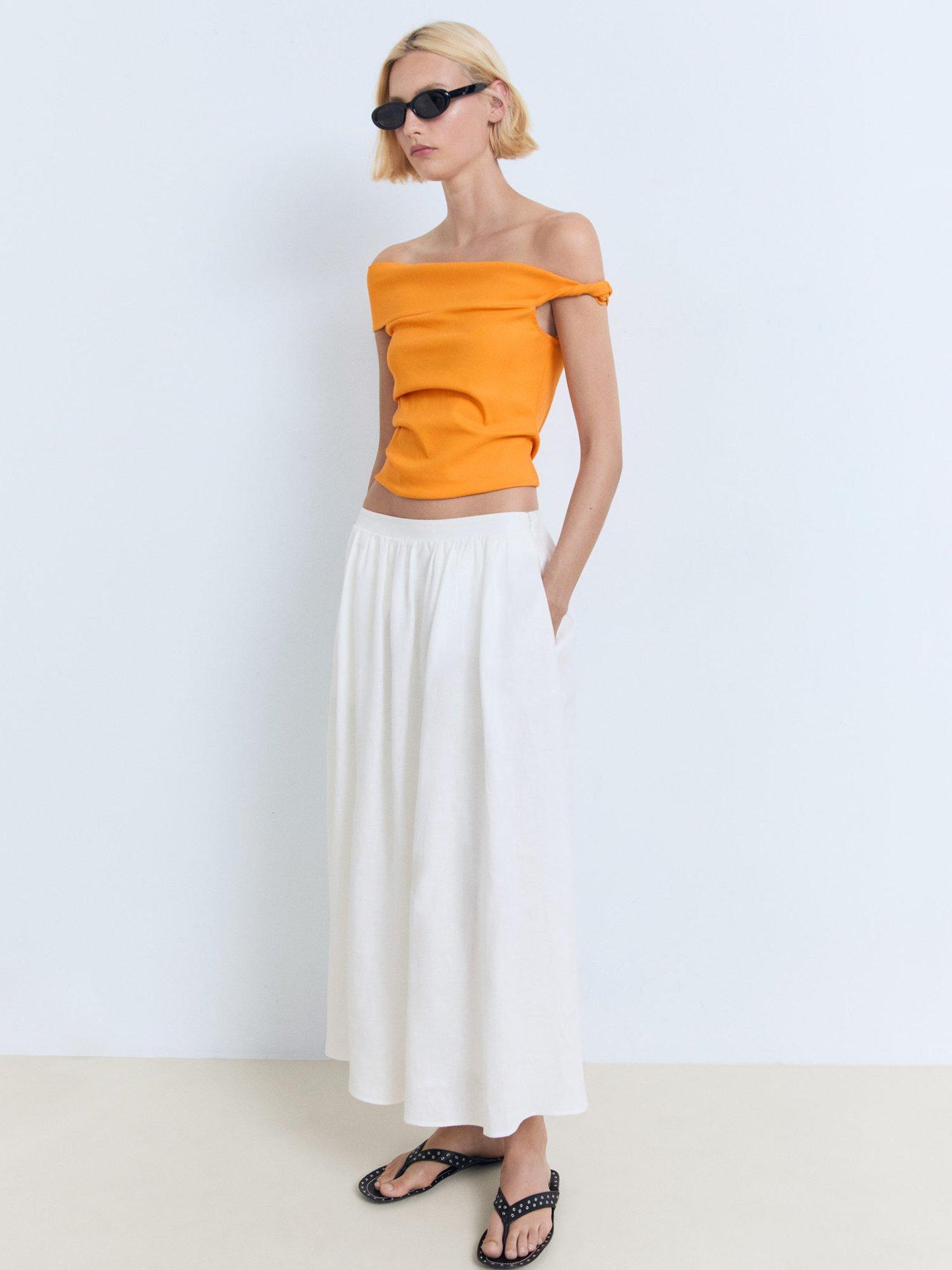 Product image 2 of 11, which shows Mango Benji Linen Blend Asymmetrical Strapless Top, Orange, XS