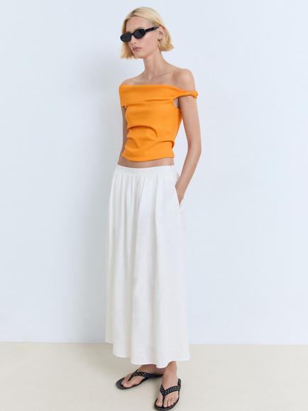 Mango Benji Linen Blend Asymmetrical Strapless Top - view 2, Orange