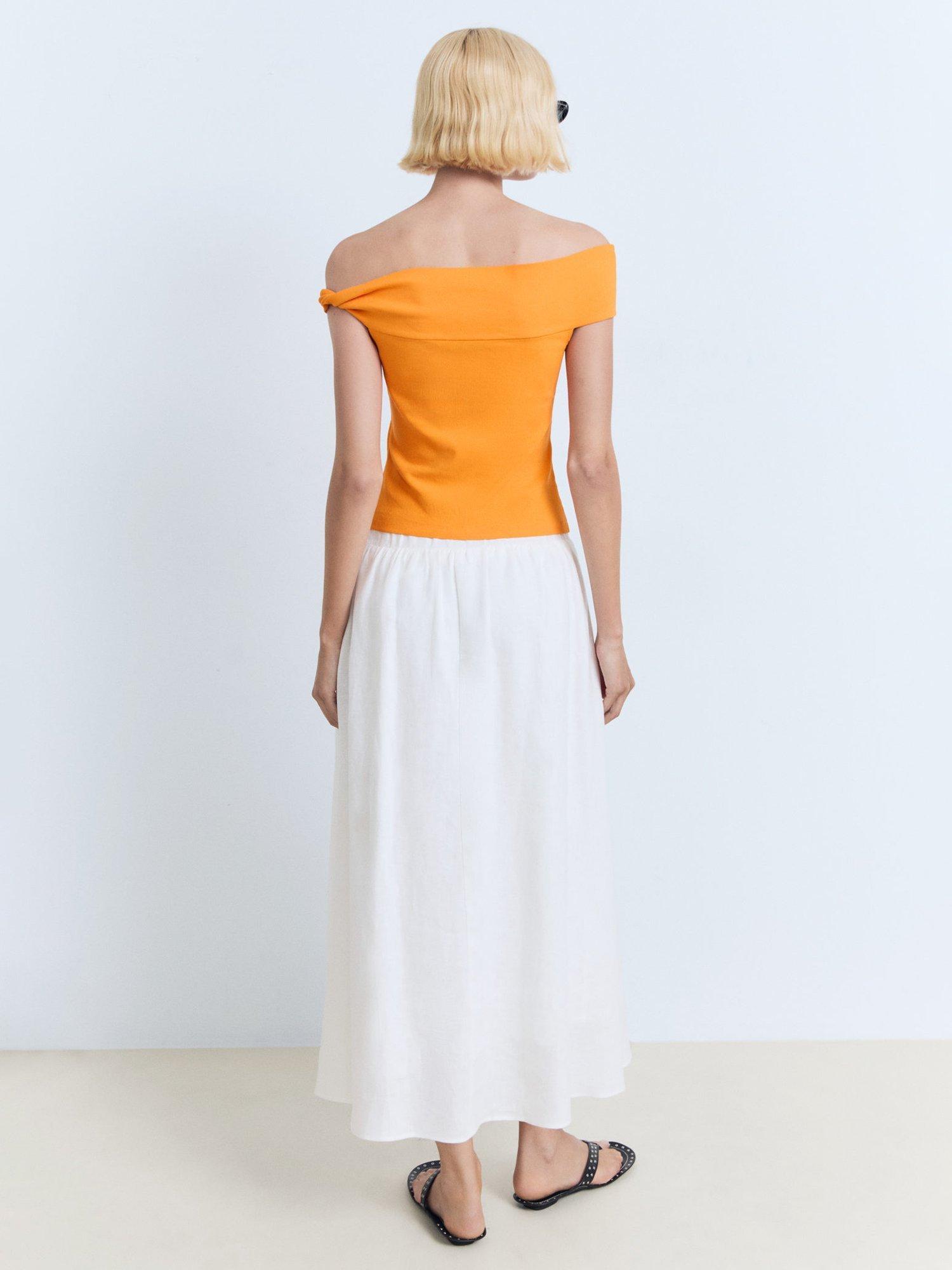 Product image 4 of 11, which shows Mango Benji Linen Blend Asymmetrical Strapless Top, Orange, XS