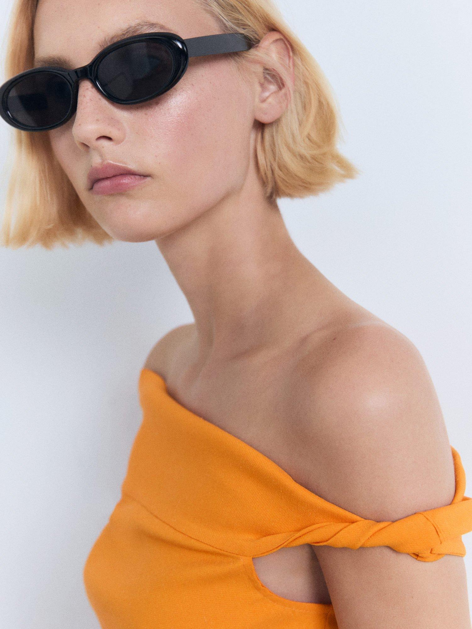 Product image 6 of 11, which shows Mango Benji Linen Blend Asymmetrical Strapless Top, Orange, XS