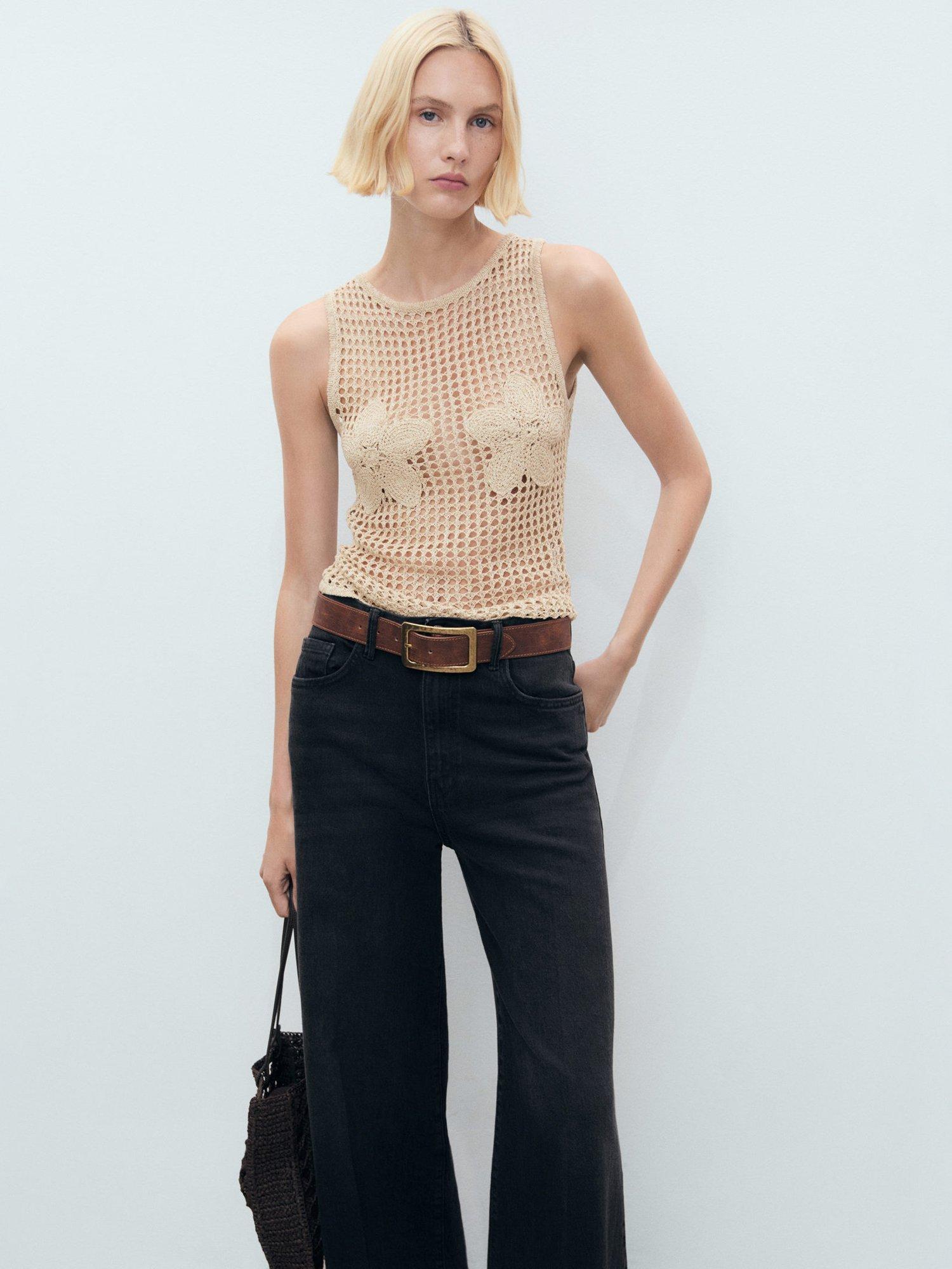 Product image 1 of 7, which shows Mango Borabora Crochet Floral Embroidered Sleeveless Top, Beige, S