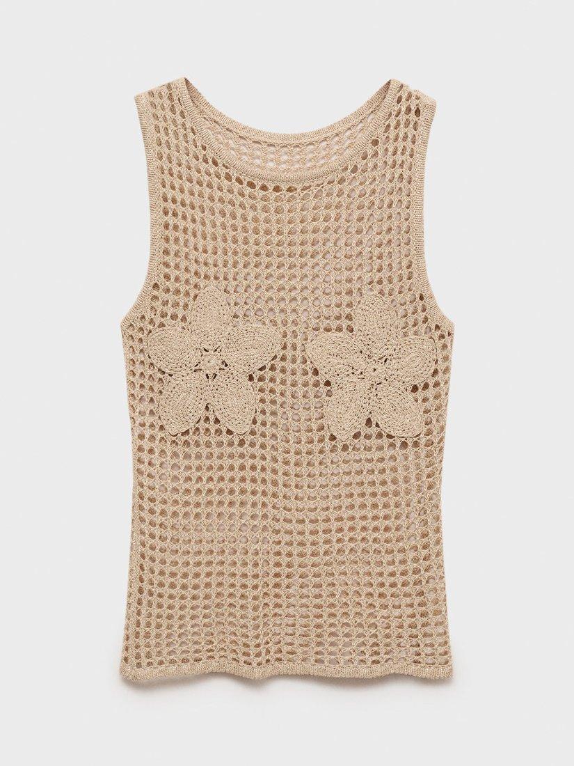 Product image 3 of 7, which shows Mango Borabora Crochet Floral Embroidered Sleeveless Top, Beige, S