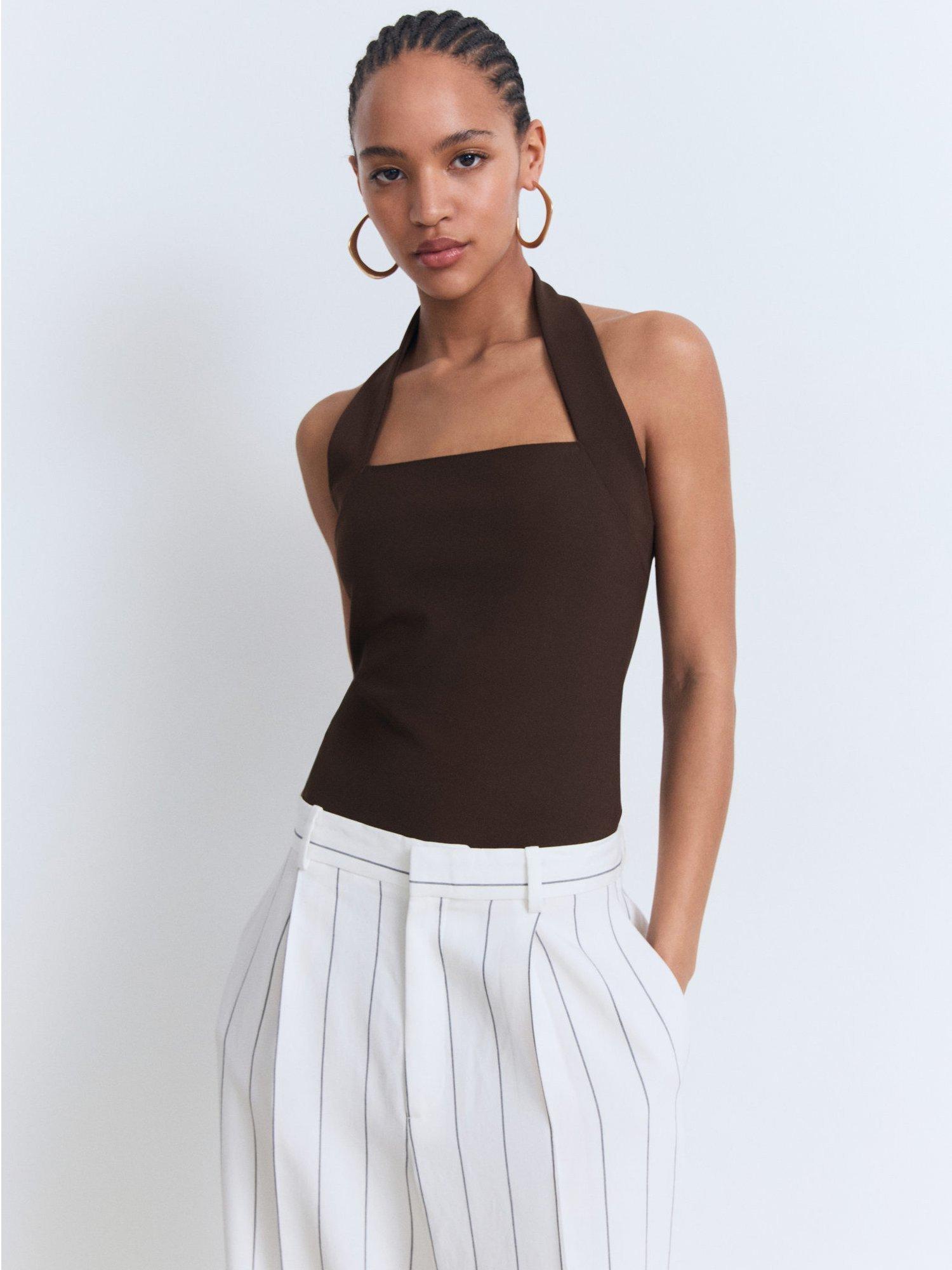 Product image 1 of 7, which shows Mango Brigitte Halter Neck Top, Brown, L