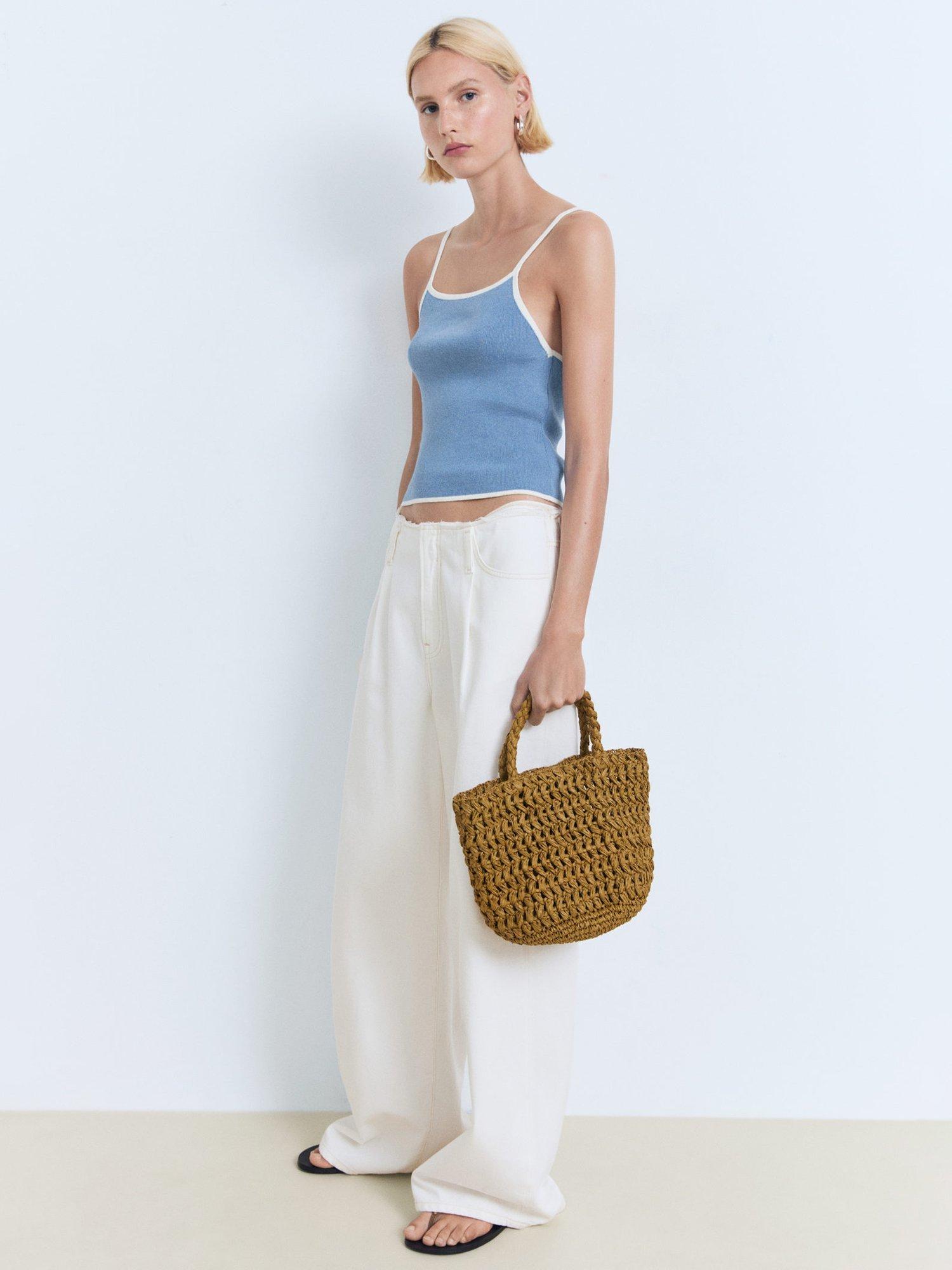 Product image 1 of 8, which shows Mango Brunitu Contrast Trim Knit Top, Pastel Blue, L