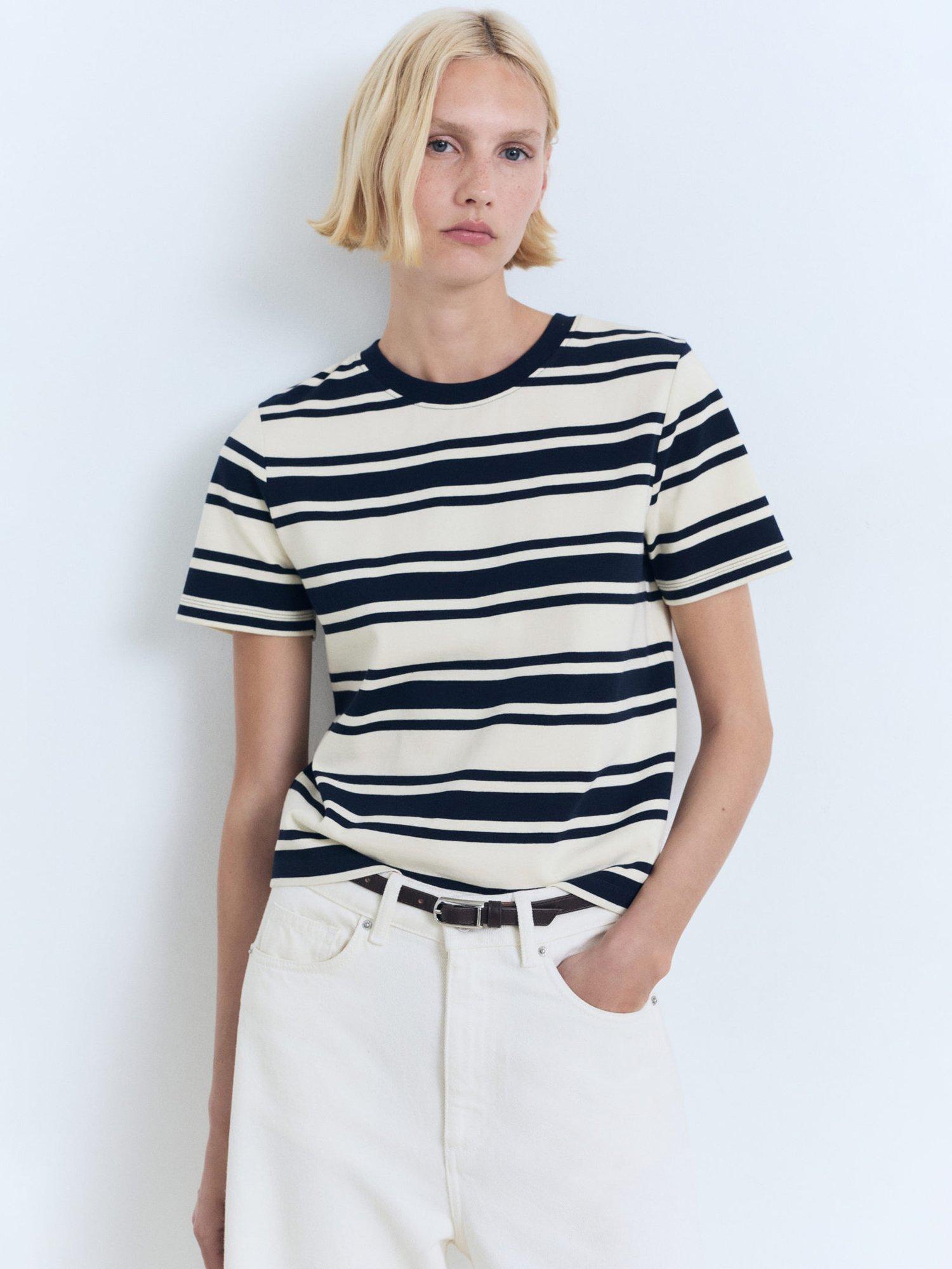 Mango Contri Cotton Contrasting Collar T-Shirt, Natural/Multi