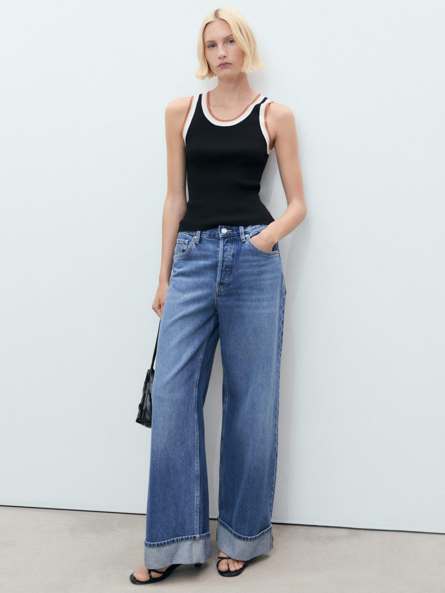 Product image 1 of 7, which shows Mango Crochi Contrast Trim Knit Top, Black, S