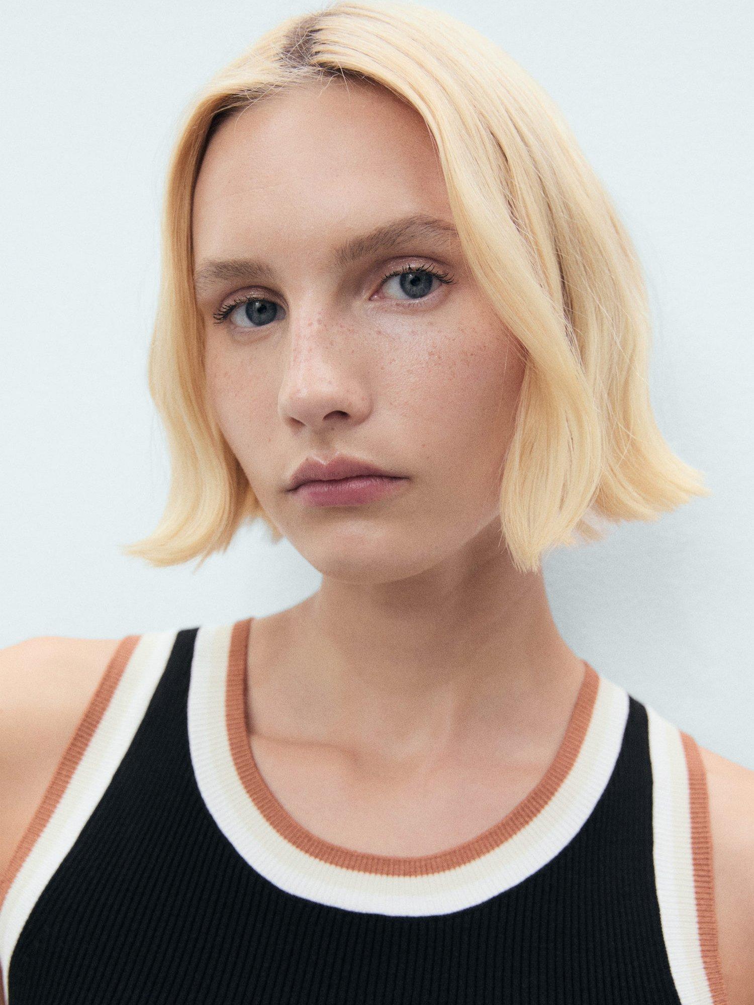 Product image 6 of 7, which shows Mango Crochi Contrast Trim Knit Top, Black, S