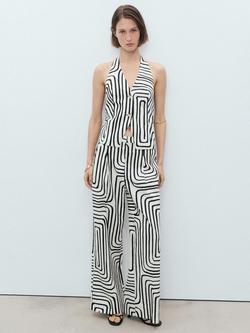 Mango Doty Geometric Linen Rich Wasitcoat, Natural White, Natural White