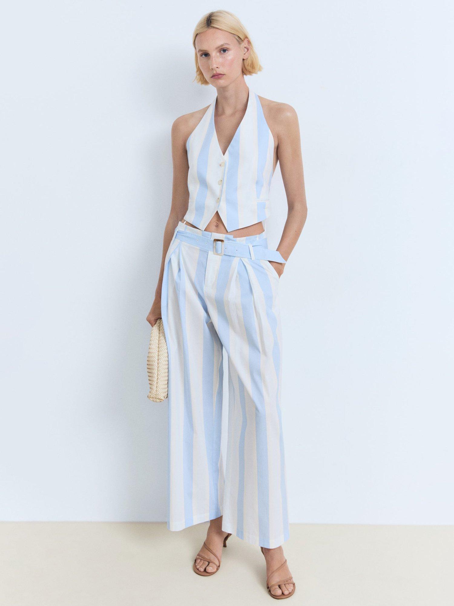 Product image 1 of 8, which shows Mango Dulce Stripe Waistcoat, Pastel Blue/Multi, L