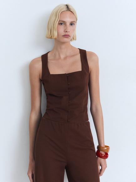 Mango Evans Button Down Cotton Vest Top, Dark Brown