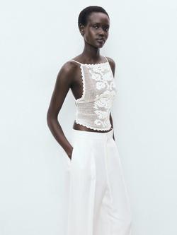 Mango Floreta Tie Closure Open-Back Crochet Top, Natural White